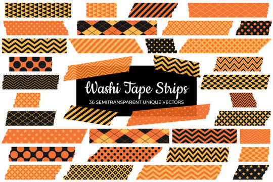 Halloween Washi Tape Strips with Torn Edges in Orange and Black Patterns. 36 Unique Semitransparent Vectors. Photo Print Sticker, Web Layout Element, Clip-Art Frame Border, Scrapbook Embellishment