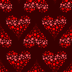 Fototapeta na wymiar Dots of different colors forming hearts on a dark red color