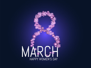 Pink Cut Flower. 8 March. Women's Day Greeting card. Origami Floral bouquet. Circle frame. Space for text on purple background. Happy Mother's Day. Vector Spring illustration.