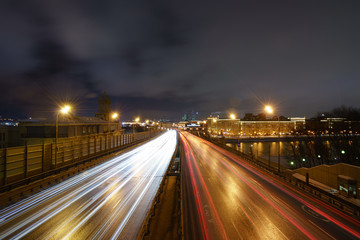 Fototapeta na wymiar Winter city highway at night time. Long exposure image.