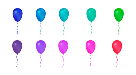 Set of 10 colorful balloons isolated on white. Flying helium balloons vector illustration. Easy to edit elements of design for banners, posters, greeting card, birthday party decoration, etc.