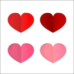 Set of 4 paper heart isolated on white. Realistic 3d folded red and pink hearts. Symbol of love for Valentine’s day greeting card. Vector illustration.  Easy to edit template for your design projects.