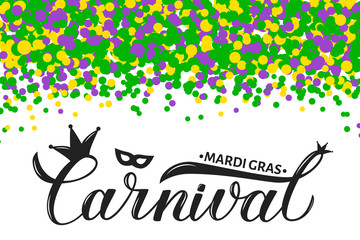 Carnival Mardi Gras calligraphy hand lettering with colorful confetti dots. New Orleans Masquerade party invitation. Fat or Shrove Tuesday sign. Easy to edit vector template  for banner, flyer, etc.