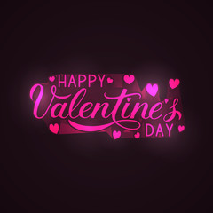 Happy Valentines Day calligraphy lettering with neon effect on black background. Easy to edit vector template for Valentine’s day greeting card, party invitation, poster, flyer, banner etc.