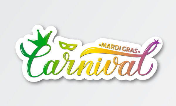 Carnival Mardi Gras bright colorful 3d writing. Calligraphy hand lettering. New Orleans Masquerade party invitation. Fat or Shrove Tuesday sign. Easy to edit vector template  for banner, flyer, etc.
