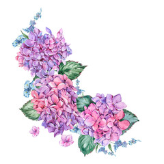 Summer Watercolor Vintage Floral Wreath with Blooming Hydrangea,