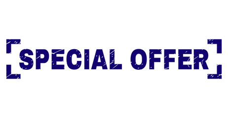 SPECIAL OFFER text seal imprint with grunge texture. Text label is placed between corners. Blue vector rubber print of SPECIAL OFFER with retro texture.