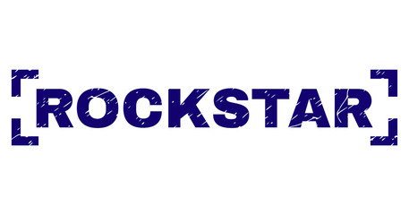 ROCKSTAR text seal stamp with distress texture. Text tag is placed between corners. Blue vector rubber print of ROCKSTAR with dust texture.