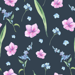 Watercolor vintage floral seamless pattern with pink and blue wildflowers