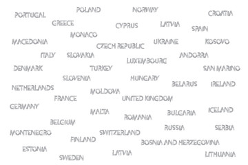 European country names written with water color brush. Grey color words on white background.