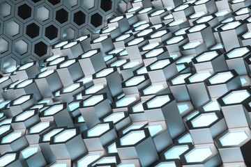 3d rendering, blue metalic hexagonal background