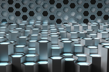 3d rendering, blue metalic hexagonal background