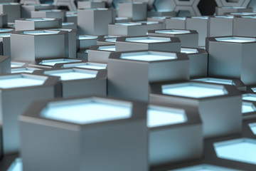 3d rendering, blue metalic hexagonal background