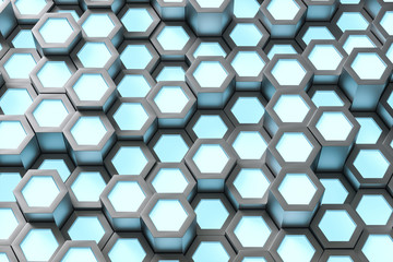 3d rendering, blue metalic hexagonal background