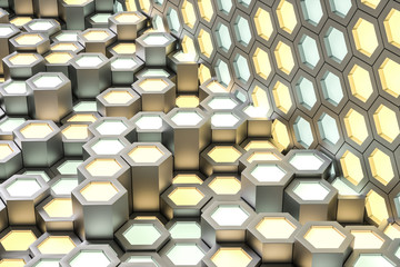 3d rendering, golden metalic hexagonal background
