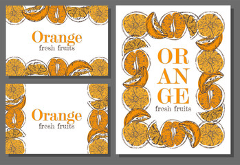 Vector illustration set of sketch hand drawn colorful oranges and slice orange. Fresh fruits, citrus, Italy, Spain, mandarins. Organic food label. Vintage style, banner, flyer, poster, fruit store.