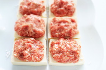 Chinese cooking, prepared mince meat on tofu