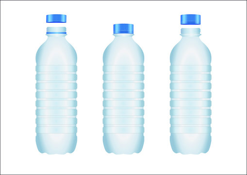 Trois bouteilles d’eau en 3D sur un fond blanc avec pour le bouchon trois différentes positions.