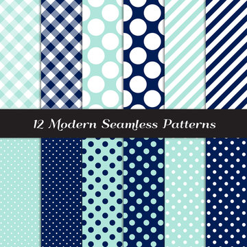 Navy Blue, Aqua and White Gingham, Polka Dot and Candy Stripes Patterns. Modern Geometric Nautical Backgrounds. Repeating Pattern Tile Swatches Included.