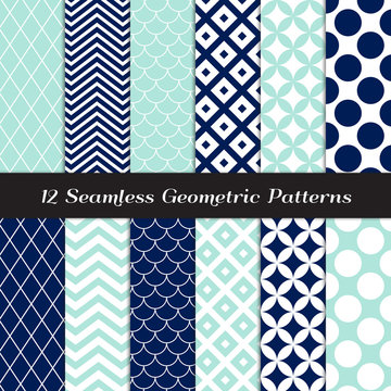 Navy Blue, Aqua and White Retro Geometric Patterns. Elegant Mod Backgrounds in Jumbo Polka Dot, Diamond Lattice, Scallops, Quatrefoil and Chevron. Repeating Pattern Tile Swatches Included.