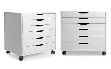 Set of stylish commodes isolated on white. Furniture for wardrobe