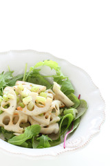 Pan fried lotus roots with leaf vegetable salad