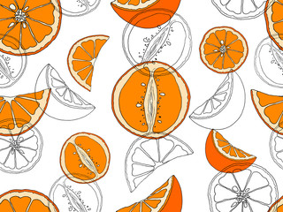 Vector illustration of sketch hand drawn pattern with colorful oranges and slice orange. Fresh fruits, citrus, Italy, Spain, mandarins. Organic food label. Vintage style, food wallpaper.