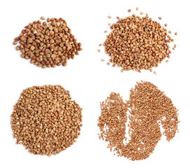 Set of uncooked buckwheat on white background, top view