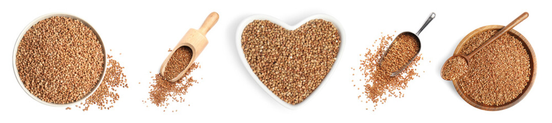 Set of different dishware with uncooked buckwheat on white background, top view