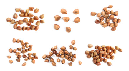 Set of uncooked buckwheat on white background, top view