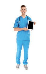 Medical assistant with stethoscope and tablet on white background. Space for text