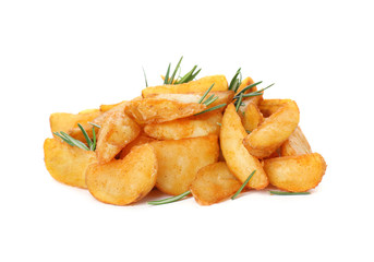 Baked potatoes with rosemary on white background