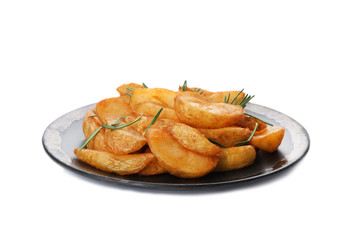 Plate with baked potatoes and rosemary on white background
