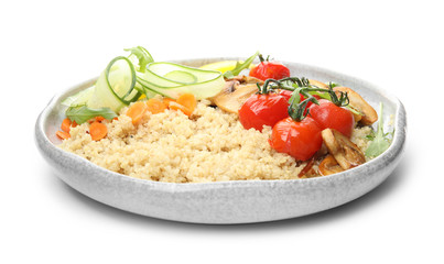 Plate of healthy quinoa salad with vegetables isolated on white