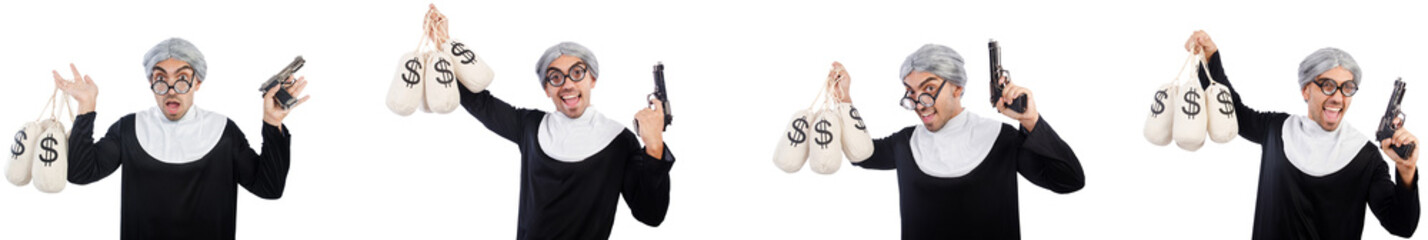 Man in nun dress with handgun and moneybags 