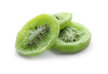 Naklejka na ściany i meble Slices of kiwi on white background. Dried fruit as healthy food