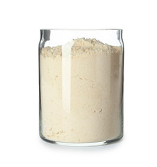 Jar of sesame flour isolated on white