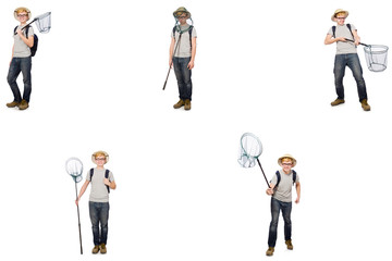 Young boy in cork helmet with net 