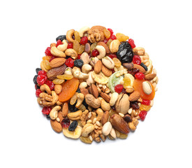 Heap of dried fruits and nuts isolated on white, top view
