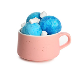 Snow ice cream with marshmallows in cup on white background