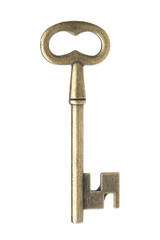 One bronze vintage key on white background