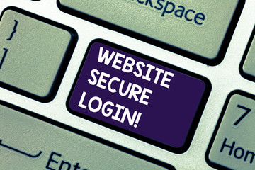 Conceptual hand writing showing Website Secure Login. Business photo showcasing Uses SSL to encrypt the user name and password Keyboard key Intention to create computer message idea
