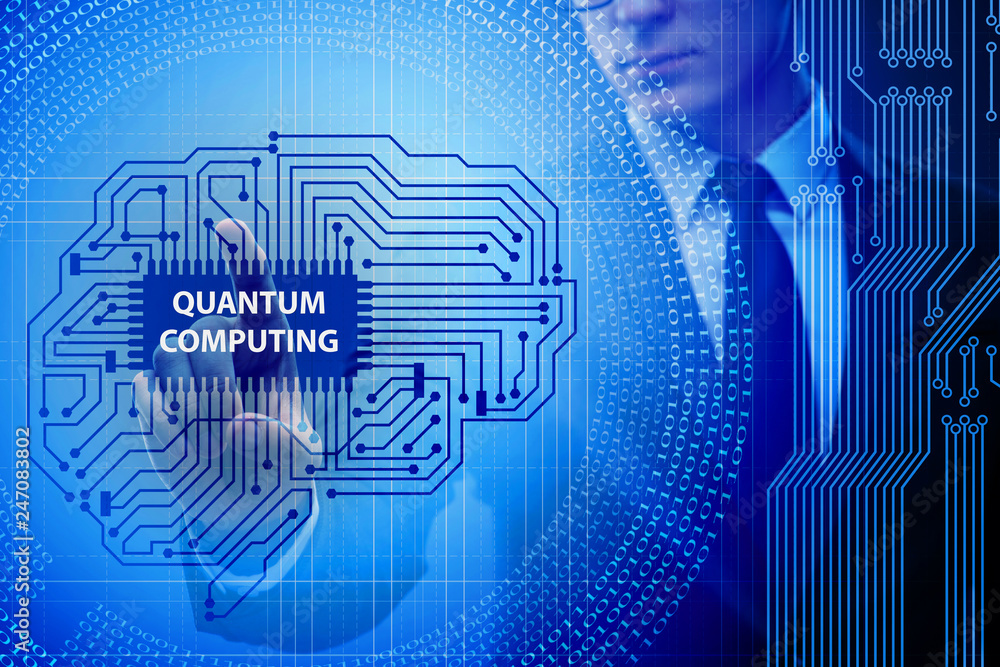 Poster businessman pressing virtual button in quantum computing concept
