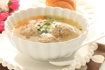 Chinese food, meat ball and vegetable soup forh healthy breakfast image