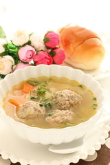 Chinese food, meat ball and vegetable soup forh healthy breakfast image