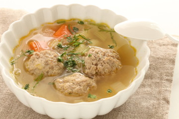 Chinese food, meat ball and vegetable soup forh healthy breakfast image