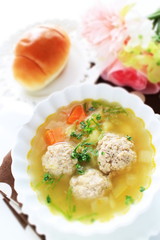 Chinese food, meat ball and vegetable soup forh healthy breakfast image