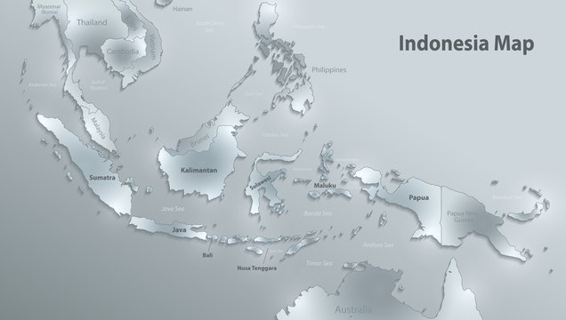 Indonesia map, state names, separate states, individual region, glass card paper 3D vector