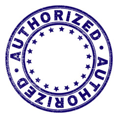 AUTHORIZED stamp seal watermark with grunge effect. Designed with circles and stars. Blue vector rubber print of AUTHORIZED title with grunge texture.