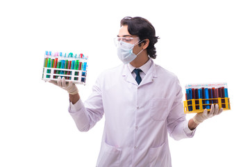 Young chemist isolated on white background 